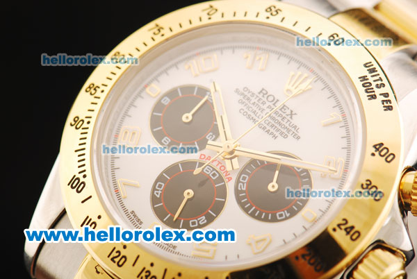 Rolex Daytona Chronograph Miyota Quartz Movement Gold Bezel with White Dial and Two Tone Strap - Click Image to Close